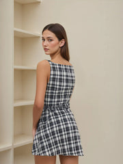 U-neckline Plaid Ruched Belted Mini Dress