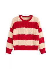 Cable Knit Striped Round Neckline Oversized Sweater Curve & Plus