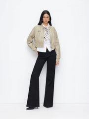 Stand Collar Zip Through Faux Leather Bomber Jacket