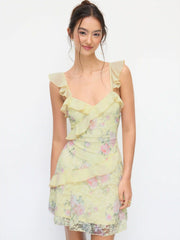 Lace Floral Sweetheart Neck Ruffle Trim Cami Mini Dress