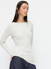 Cotton-blend Striped Boat Neck Long Sleeve Ruched Asymmetrical Hem Top