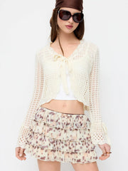 Knit V-Neck Knotted Hollow Out Bell Sleeve Cropped Oversized Top