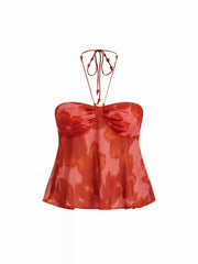 Chiffon Floral Graphic Halter Neckline Ruched Blouse