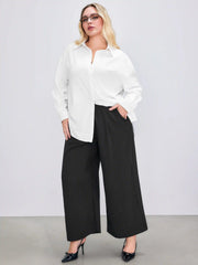 Solid High Waist Pleated Pocket Wide Leg Trousers Curve & Plus