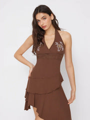Jersey Halter Neckline Floral Embroidered Lace Patched Ruffle Hem Layered Mini Dress