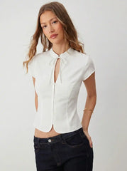 Linen-blend Stand Collar Stripe Cut Out Knotted Blouse