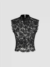 Lace Mandarin Collar Floral See-through Tank Top
