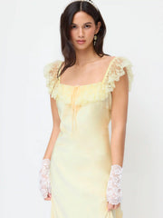 Satin Square Neck Lace Ruffled Split Slip Maxi Dress