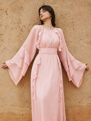 Chiffon Boat Neck Bell Sleeve Ruffled Flared Maxi Dress