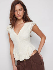 Lace V-Neck Ruffle Hem Blouse