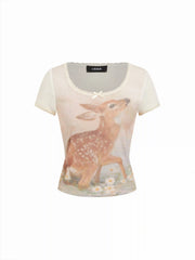 Deer Graphic Scoop Neck Bowknot Lace Trim Tee