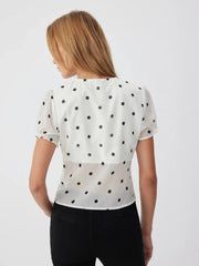 Chiffon Polka Dot Puff Sleeve Cut Out Ruched Blouse