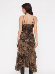 Leopard Cowl Neck Ruffled Asymmetrical Maxi Cami Dress