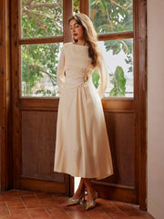 Satin Boat Neck Metal Detail Ruched Knotted Ruffle Midi Dress