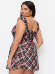 Cotton Plaid Square Neck Puff Sleeve Mini Dress Curve & Plus