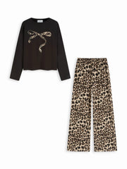 Bowknot Leopard Print Long Sleeve Top & Mid Rise Elastic Waist Wide Leg Trousers Loungewear Set