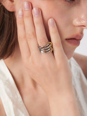 4PCS ZIRCON & TWO-TONE HOOP 18K GOLD PLATED STAINLESS STEEL RING SET