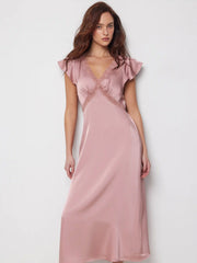 Satin V-neck Ruffle Sleeve Lace Panel Slip Maxi Dress