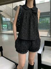 Textured Bowknot Peter Pan Collar Top & Mid Rise Bloomers Set