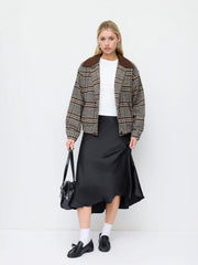 Wool-look Plaid Collar Long Sleeve Colorblock Button Oversized Shacket