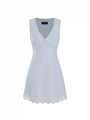 Linen-blend V-neck Scalloped Hem A-line Mini Dress