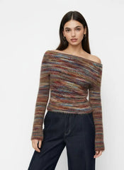 Textured Off-shoulder Striped Ruched Top