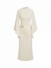 High Neck Cloak Sleeve Metal Detail Wrap Bodycon Maxi Dress