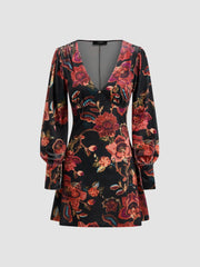Velvet V-neck Floral Mini Dress