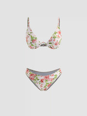 V-neck Floral Underwire Cheeky Bikini Swimsuit With Mesh Knotted Sarong