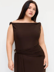 Asymmetrical Neck Ruched Metal Detail Draped Maxi Dress Curve & Plus