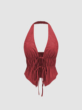 Halter V-neck Knotted Ruched Crop Top