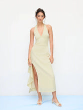 Satin Halter V-neck Split Draped Maxi Dress