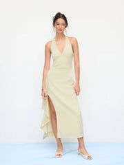 Satin Halter V-neck Split Draped Maxi Dress