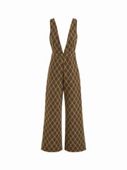 Wool-look Plaid Deep V-neck Wide Leg Jumpsuit