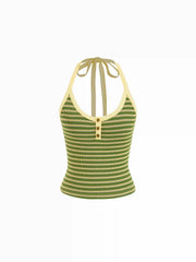 Cotton-blend Textured Stripe Halter Neckline Colorblock Top