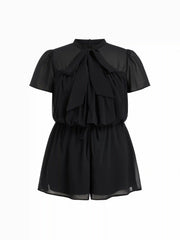Chiffon Stand Collar Puff Sleeve Bowknot Drawstring Ruffle Romper Curve & Plus