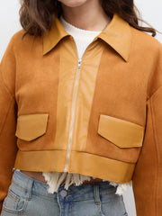 Suede Collar Zip Through Crop Jacket