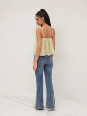 Cotton-blend V-neck Floral Lettuce Trim Ruffle Cami Top