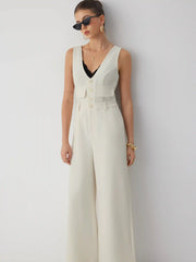 V-neck Button Front High Rise Straight Leg Jumpsuit