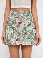 Jacquard Mid Rise Floral Zipper Mini Skirt