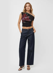 Mesh Asymmetrical Neck Floral Ruched Top