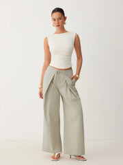Cotton-blend Low Rise Wrap Waist Wide Leg Trousers
