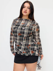 Mesh Boat Neck Rose Plaid Ruffle Hem Top Curve & Plus