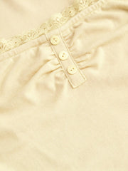 Square Neck Lace Trim Ruched Front Button Tee
