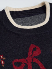 Knit Round Neckline Bear Bowknot Contrasting Binding Long Sleeve Top