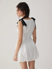 Cotton Boat Neck Embroidery Bowknot Ruched Bubble Mini Dress
