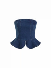 Stretch Denim Strapless Peplum Hem Bandeau Top