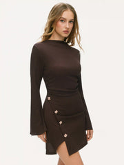 Stand Collar Bell Sleeve Metal Button Split Ruched Mini Dress