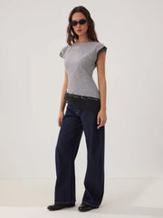 Cotton-blend Checks Lace Panel Asymmetrical Hem Short Sleeve Blouse