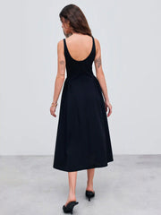 Woven Square Neck Solid Midi Dress